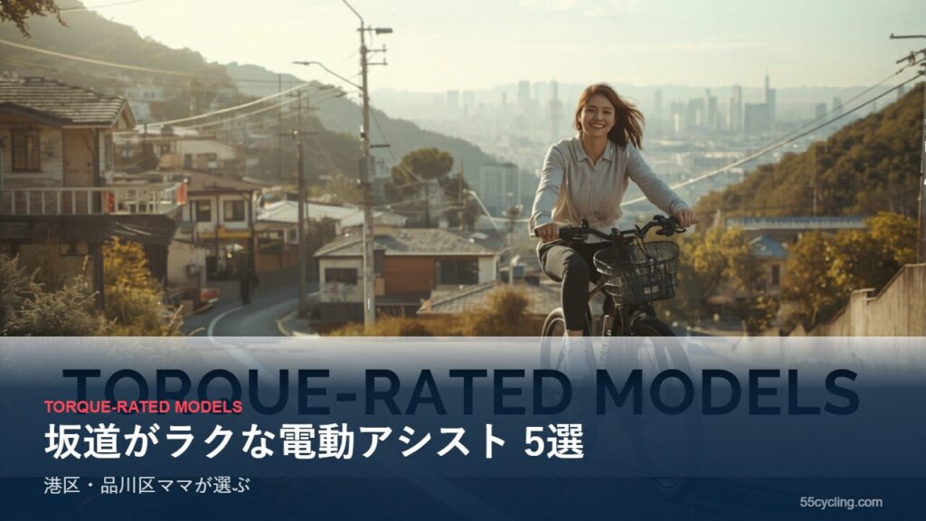 電動アシスト自転車で東京の丘陵地坂道を登る笑顔のママ、背景に都心ビル群、上り坂をラクに走る訴求